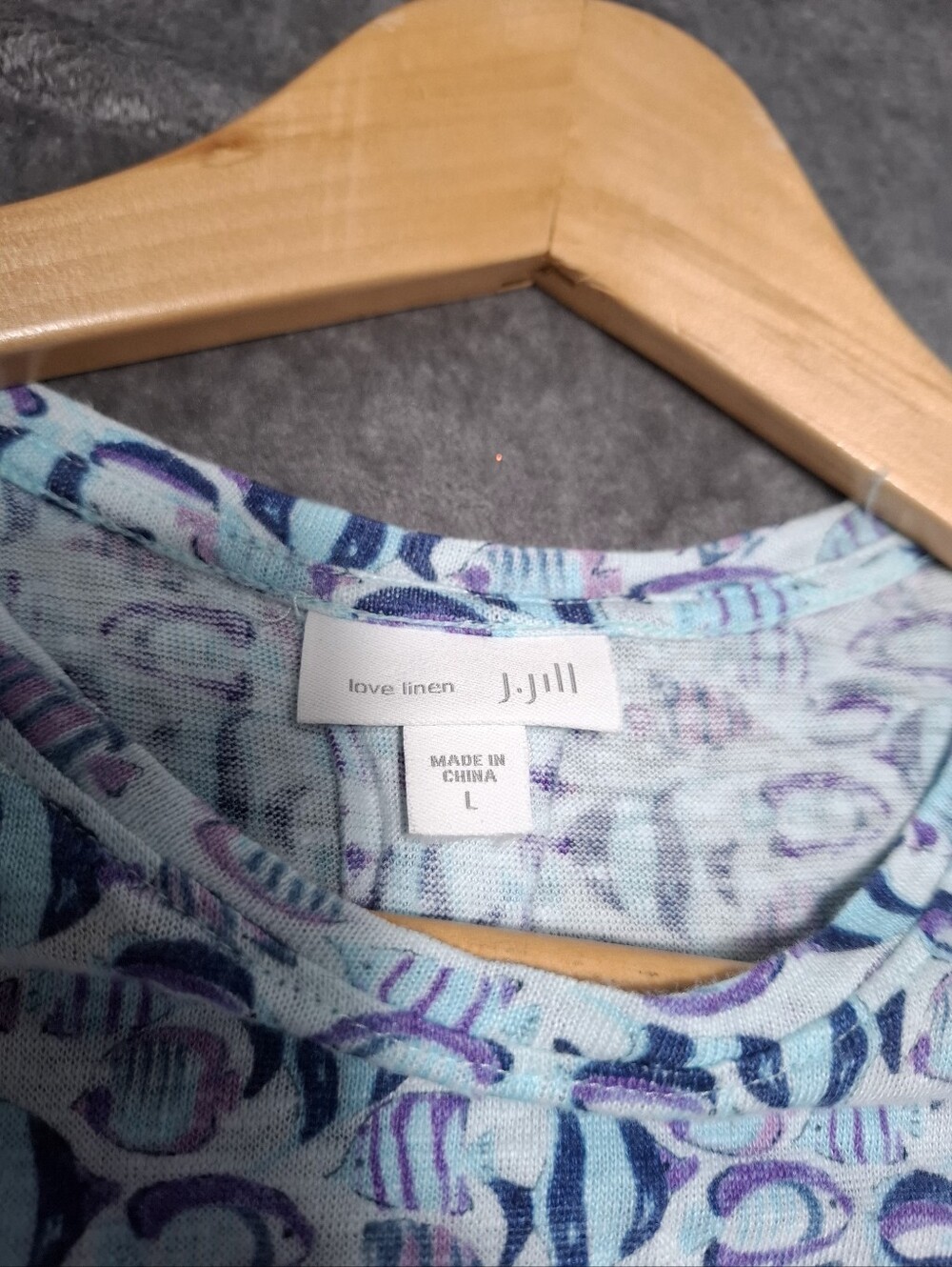 J. Jill Love Linen Blue and Navy Fish Patterned Sleeveless Tank 100% Linen Sz L - Picture 4 of 9